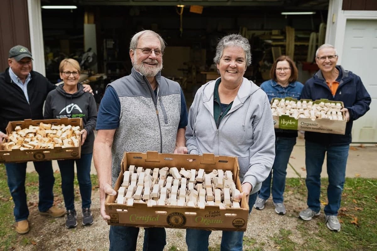 Six smiling older volunteers, men and women, holding trays of handmade wooden toy cars outside a woodshop